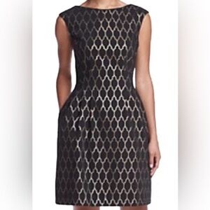 Vince Camuto Black and Gold Jacquard Fit & Flare Dress
